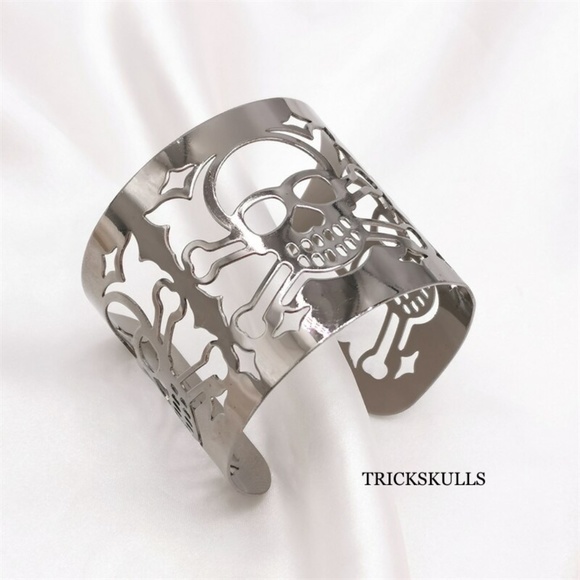 Laser Cut Skull Wrist Cuff Stainless Steel Adjustable Wrap 2 Inch Wide Bracelet - Picture 5 of 7